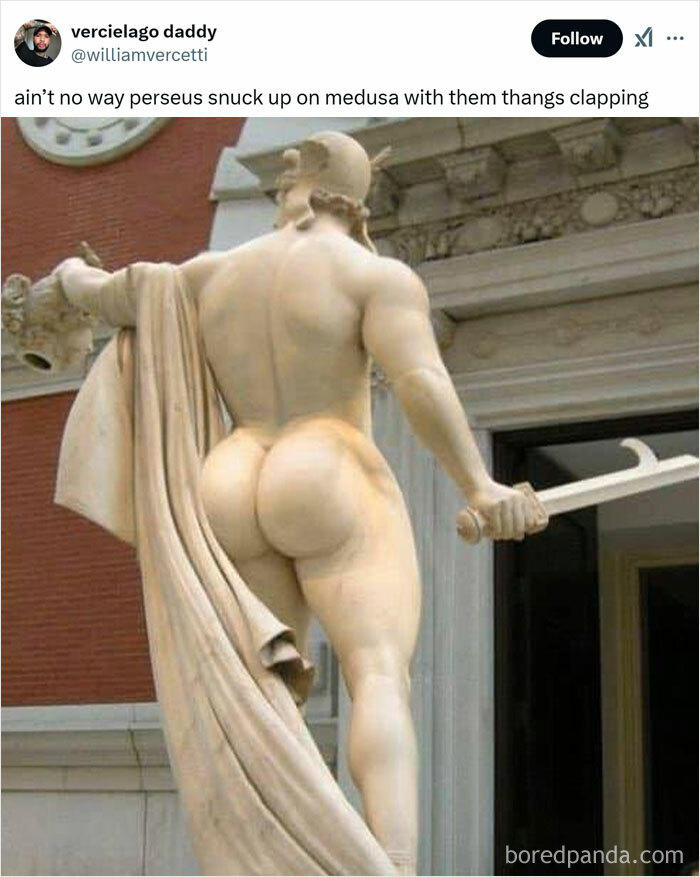 Statue of a muscular figure with a humorous caption exemplifying hilariously random memes for a workday pick-up