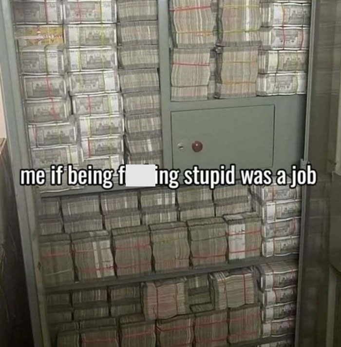 A meme showing stacks of cash with text implying wealth from being foolish; relatable, random meme humor.