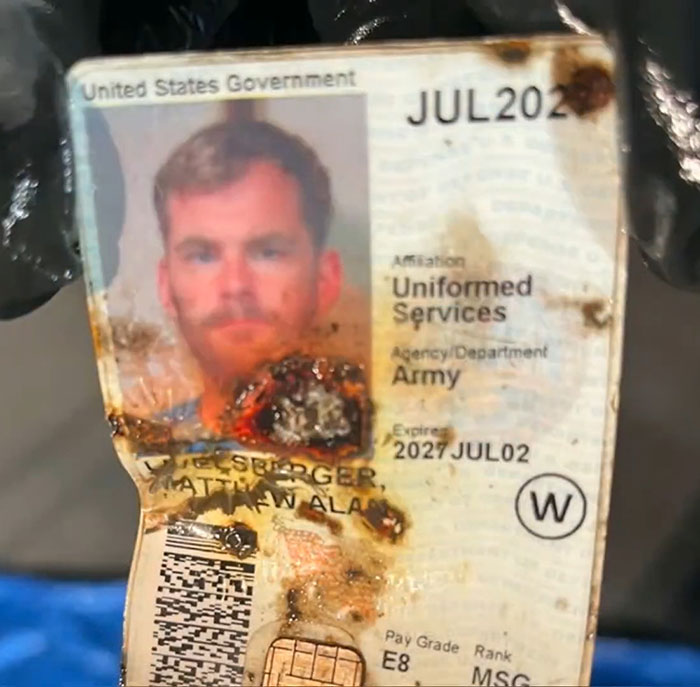 Burnt ID card of a man involved in Cybertruck explosion, labeled as a patriotic American military member.