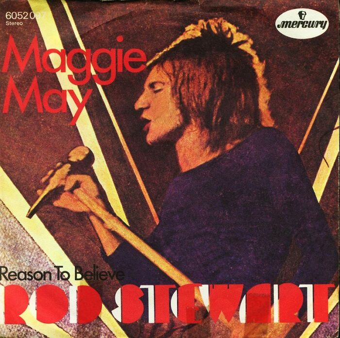 Cover of 'Maggie May' showcasing vibrant '70s music artwork with an illustration of a singer performing.