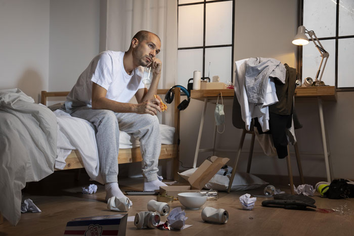 Man eating on bed, surrounded by mess and cluttered room, reflecting a friend's irresponsible stay with family.