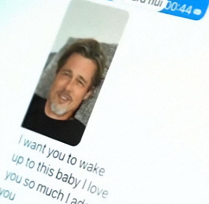 Fake AI Brad Pitt scam message to woman on phone screen.