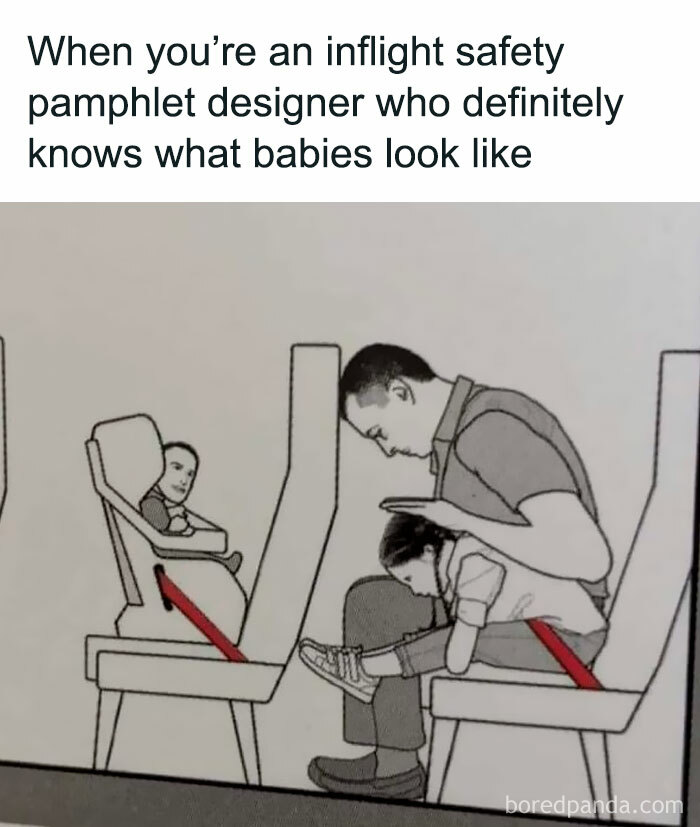 Inflight safety meme depicting an adult and child in humorous safety positions.