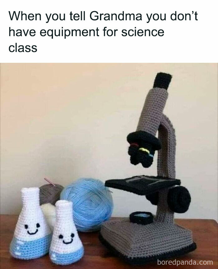 Crocheted science equipment meme with a microscope and flasks, showcasing humor in science-themed Facebook content.