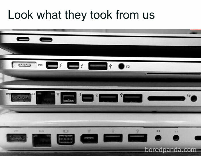 Stacked laptops showing port evolution, highlighting change over time, featuring a science meme theme.