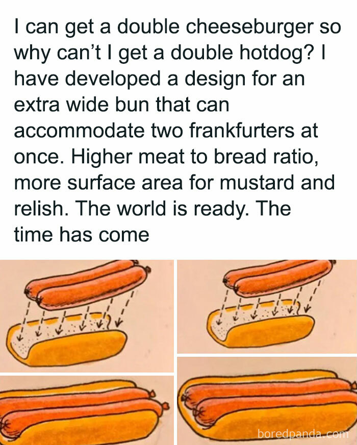 Science meme about a double hotdog design with illustrated steps for assembling a double frankfurter bun.