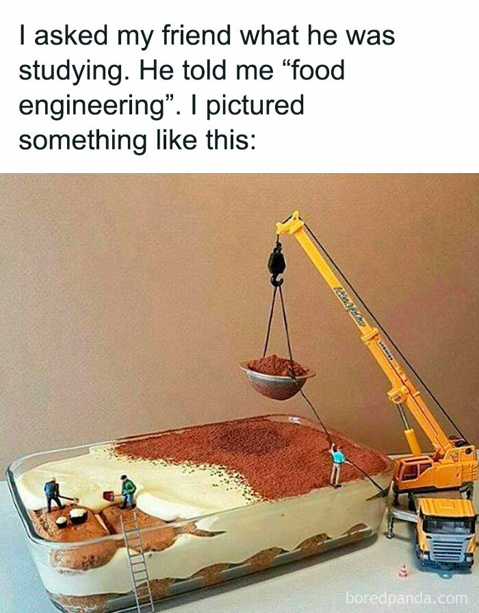 Science meme featuring toy figures and a crane assembling a dessert, humorously illustrating “food engineering.”