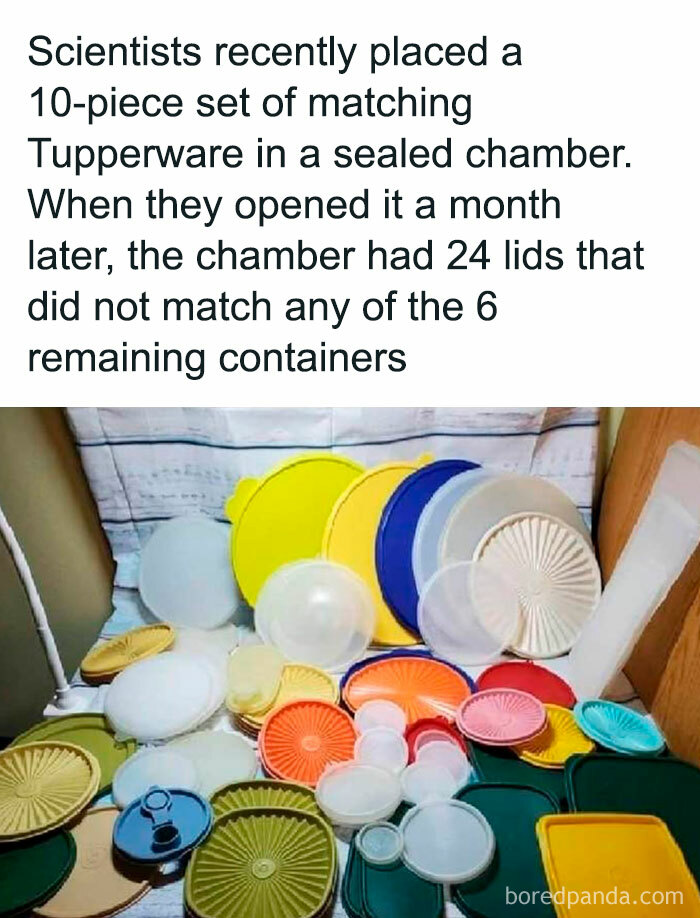 Science meme showing mismatched Tupperware lids and containers in a humorous experiment scenario.