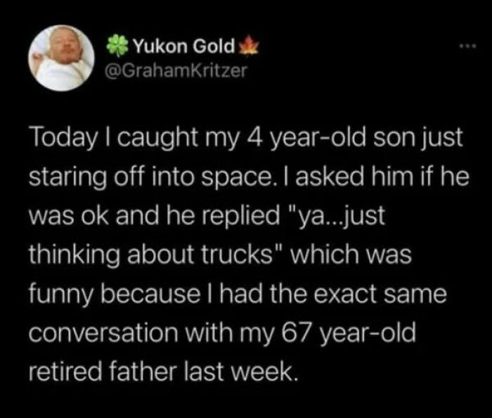 Science meme about a child and grandparent both staring into space, humorously thinking about trucks.