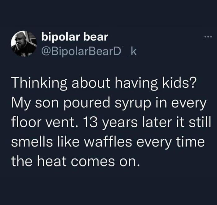 A humorous science meme about kids and waffles scented vents due to syrup prank, shared on a popular FB page.