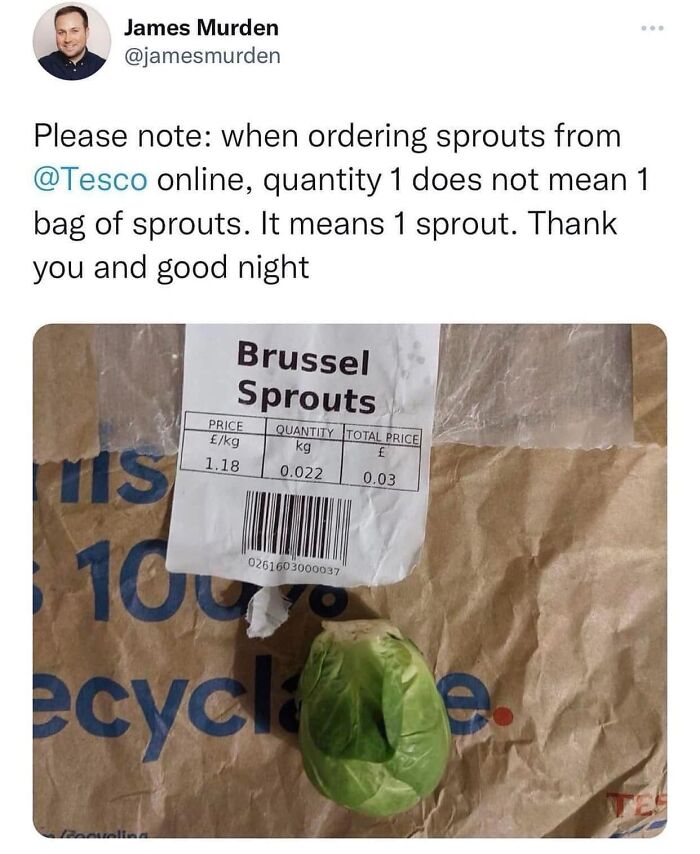 Science meme with a single Brussels sprout and a humorous note about online shopping errors.