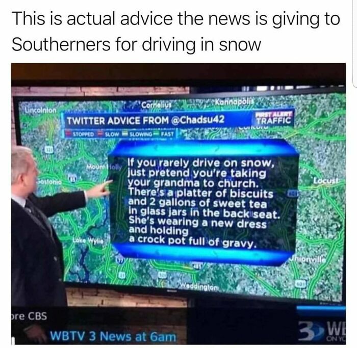 Man pointing at TV screen showing funny driving advice meme on news broadcast.