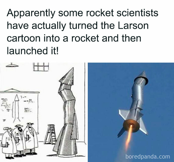 Science meme showing a cartoon rocket design compared to an actual rocket launch.