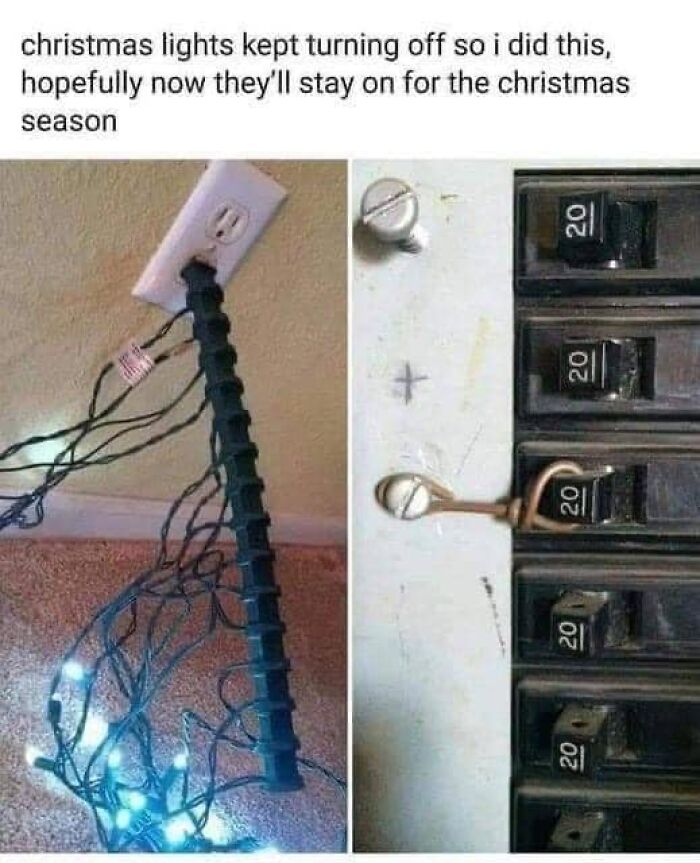 Funny science meme showing Christmas lights plugged in creatively and a makeshift circuit breaker fix.