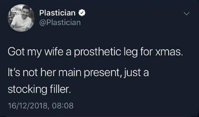 Funny science meme tweet about a prosthetic leg as a stocking filler for Christmas.