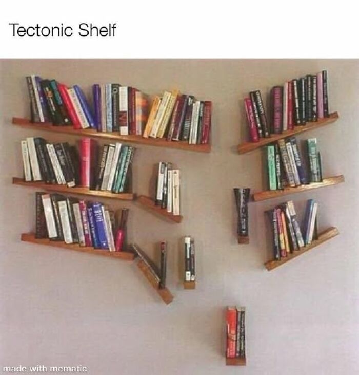 Books on slanted wooden shelves labeled "Tectonic Shelf," creating a humorous science meme.