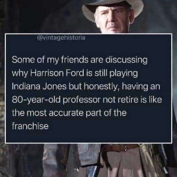 Humorous science meme featuring a joke about an aging Indiana Jones, shared on a popular FB science page.