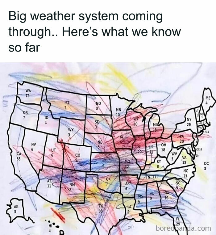 Map with colorful scribbles representing a big weather system, labeled states, and humorous commentary, as seen in science memes.