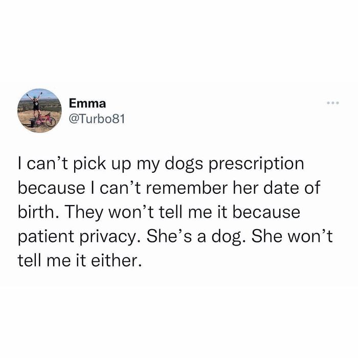 Funny science meme about a dog's prescription and patient privacy, shared on a social media post.