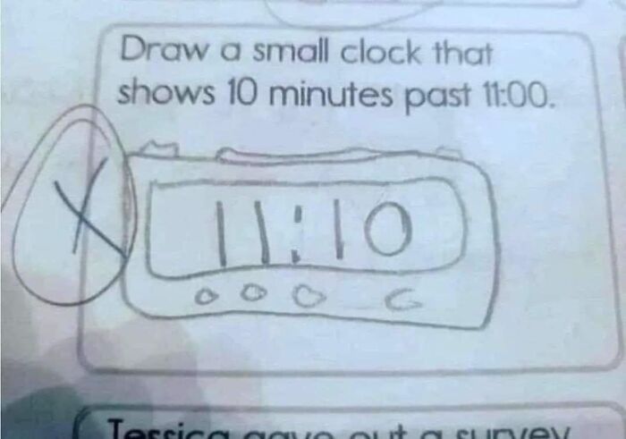 Science meme featuring a humorous attempt to draw a clock showing 11:10.