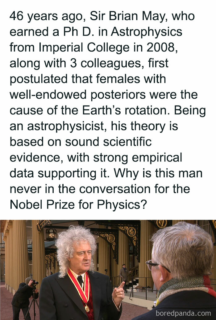 Science meme about an astrophysicist's humorous theory on Earth's rotation with an image of a man in a formal suit.