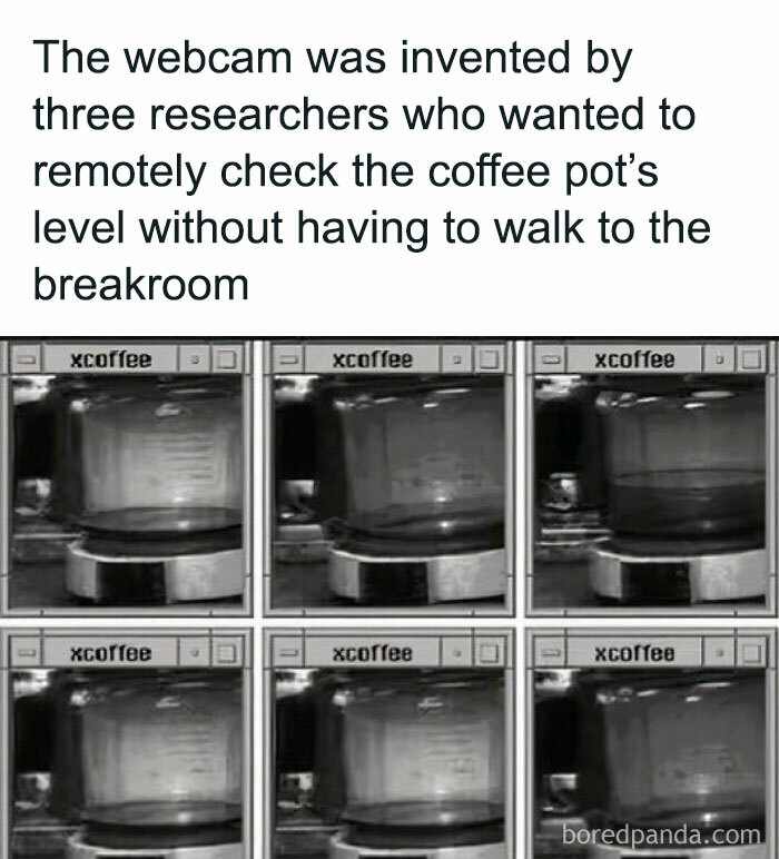 Science meme about the invention of the webcam, featuring images of a coffee pot and humorous text on its history.