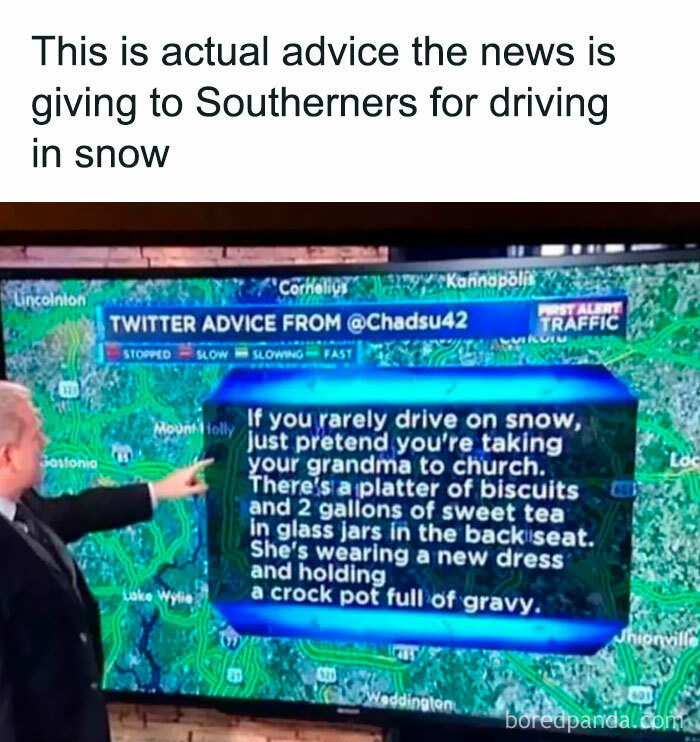 Man pointing at TV screen showing funny driving advice meme on news broadcast.