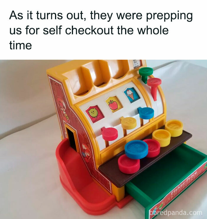 Toy cash register science meme about self-checkout preparation.