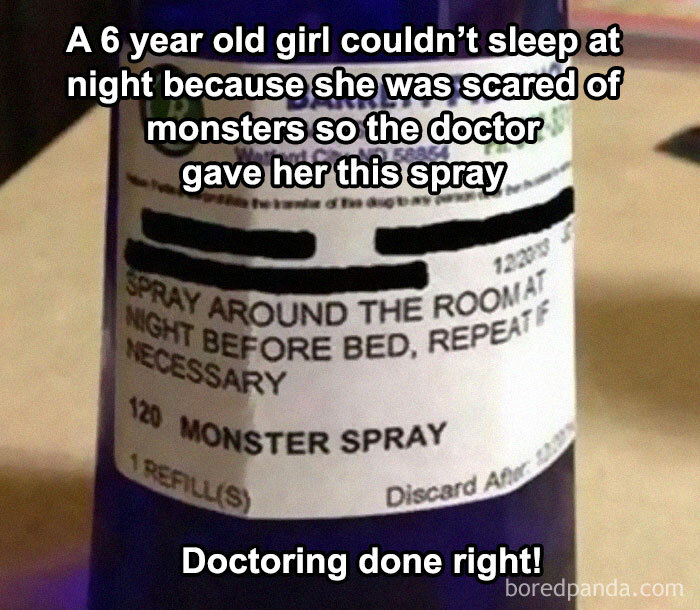 Science meme featuring a humorous "monster spray" bottle label for a child's fear of monsters.