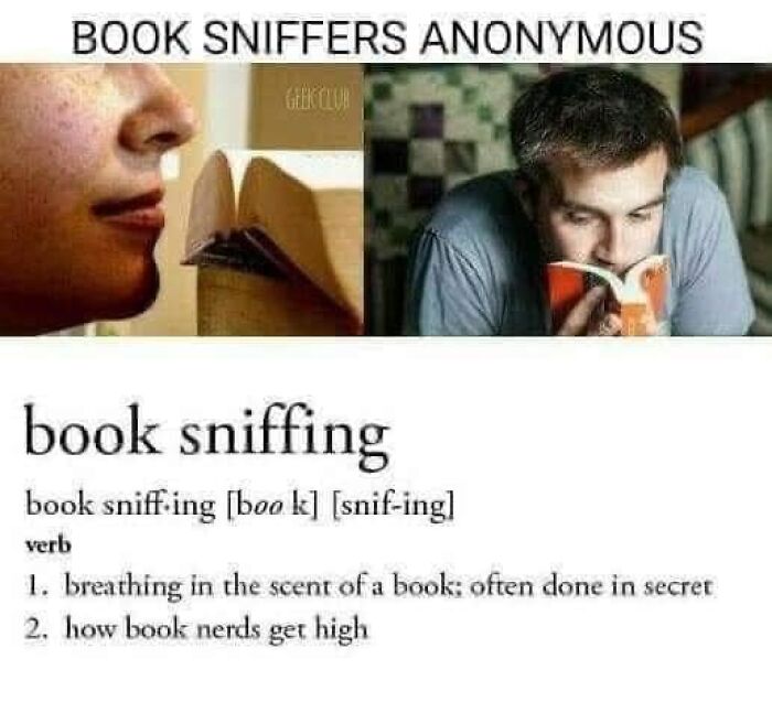 Science meme about book sniffing with humorous text describing it as a secret habit of book lovers.