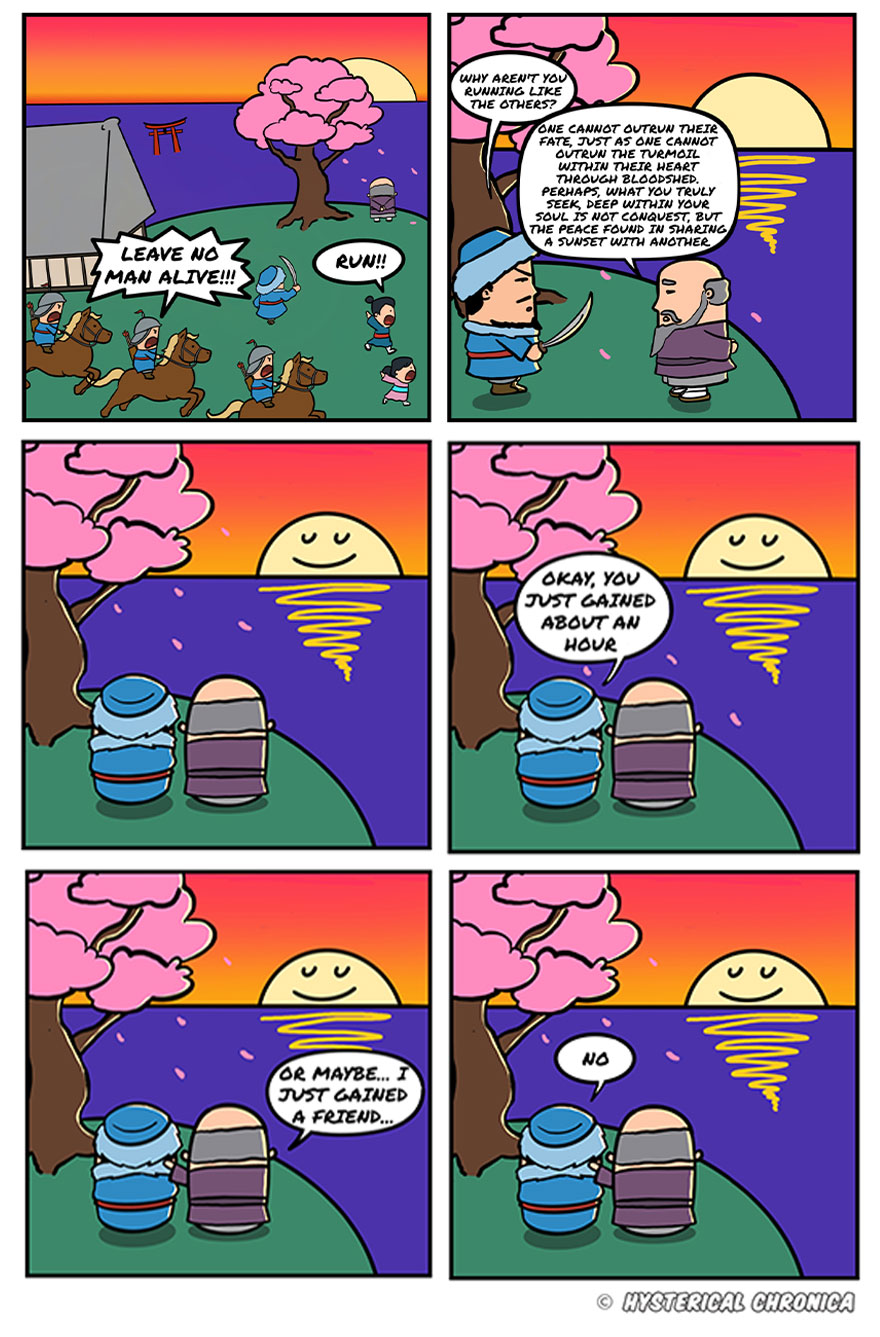 Relatable comic depicting a historical scene with characters discussing peace by the sunset.