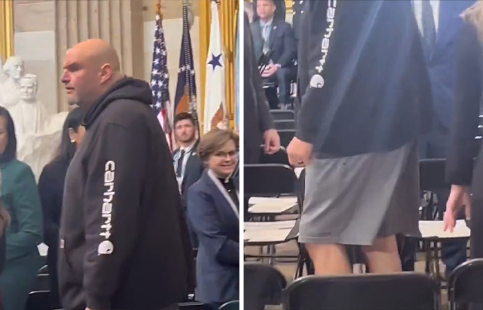 A senator in gym shorts at a presidential inauguration, wearing a hoodie among formally dressed attendees.