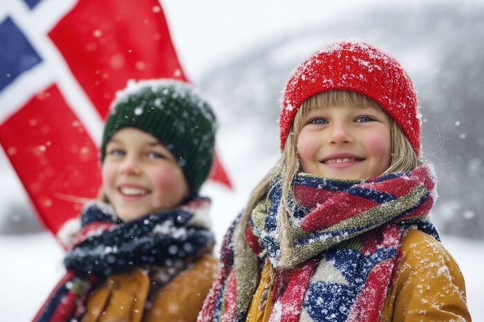 Children in snowy landscape with a flag, experiencing a foreign country.