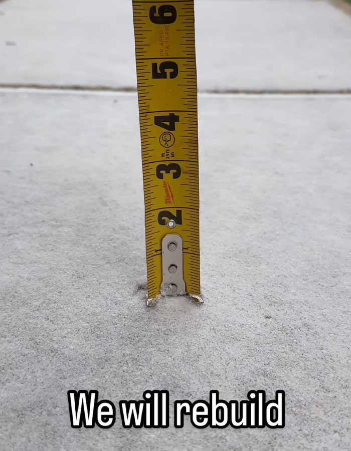 Tape measure showing minimal snow depth with text "We will rebuild," highlighting Southerners' response to snowstorm.