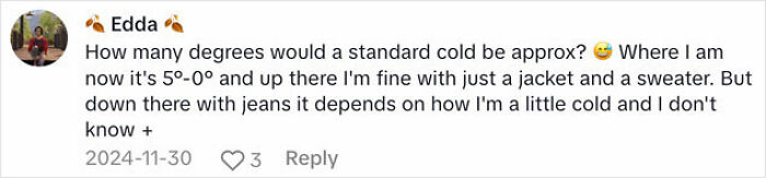 Comment discussing degrees of cold and clothing, quoting Spanish nurse’s advice, sparking debate on staying warm.