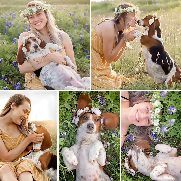 Woman with spoiled pets in a flower field, wearing flower crowns and enjoying playful moments with her dog.