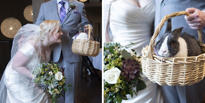 Bride and groom with a rabbit in a basket, showcasing spoiled pets at their wedding.