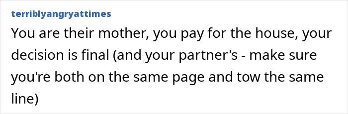 Text exchange about family decision-making related to squatter rights in a home.