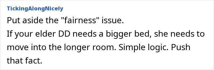 Text discussion on fairness regarding room arrangements related to squatter\'s rights family home.