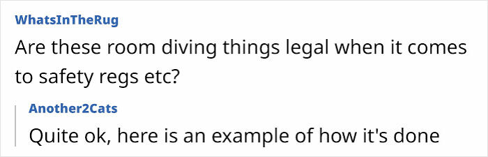 Text exchange about room diving safety regulations, related to squatters rights family home.