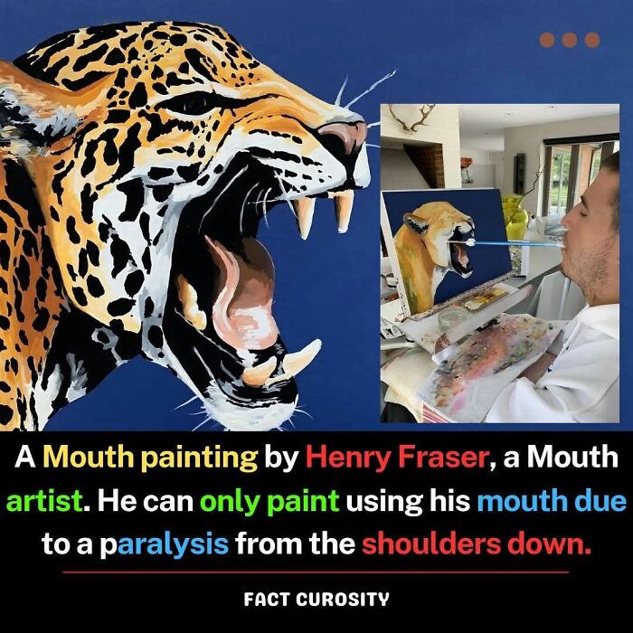 Mouth artist painting a roaring leopard using his mouth, showcasing fascinating facts.