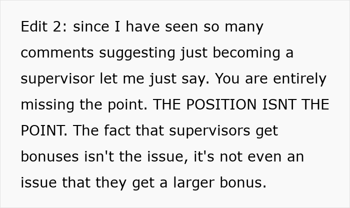 Text highlighting workplace bonus disparity, focusing on supervisor bonuses versus employee store discounts.