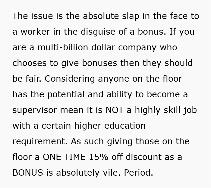 Text describing unfair bonus for worker; emphasis on inequitable store discount vs. manager's $11k bonus.