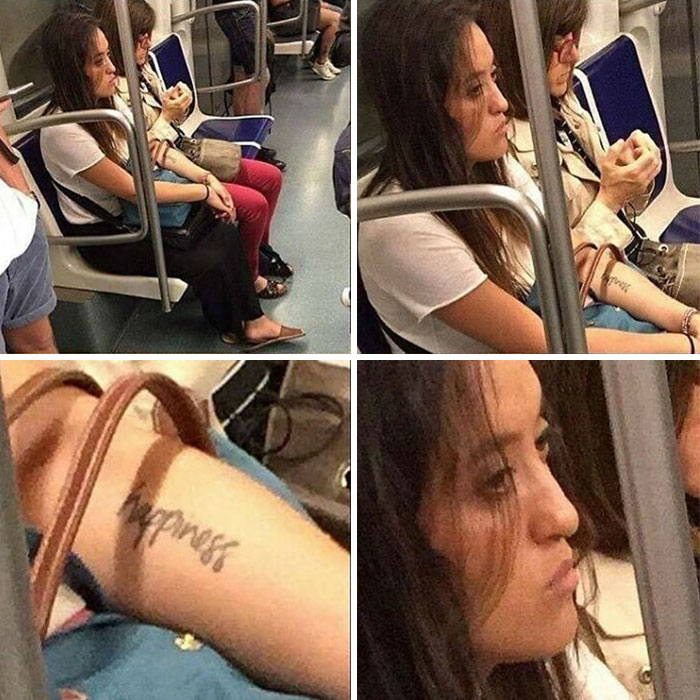 Woman with "happiness" tattoo on arm, sitting on public transport, reflecting bizarre Instagram photo theme.