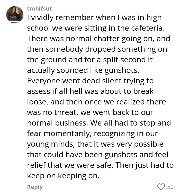 Gen Z user recounts high school experience in comment with 50 likes, discussing reactions to potential gunshot sounds.