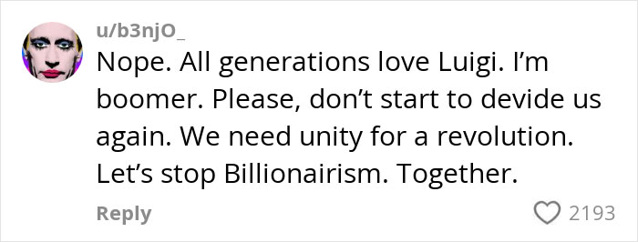 Reddit comment discussing unity and opposition to billionaires, highlighting Gen Z's views on CEOs.