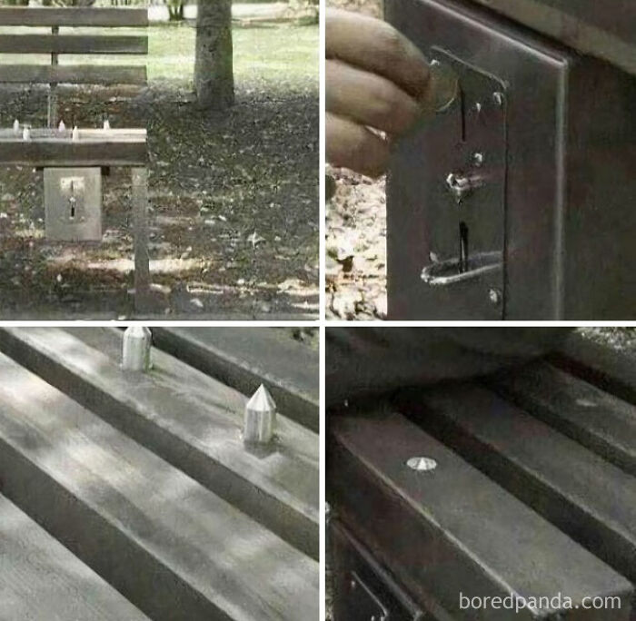 Coin-operated park bench that prevents sitting, featuring spikes controlled by a mechanism.