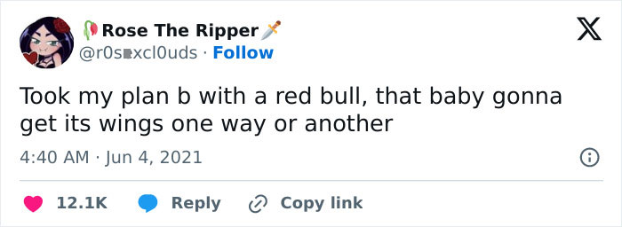 Tweet joking about combining Plan B with Red Bull for humorous effect.