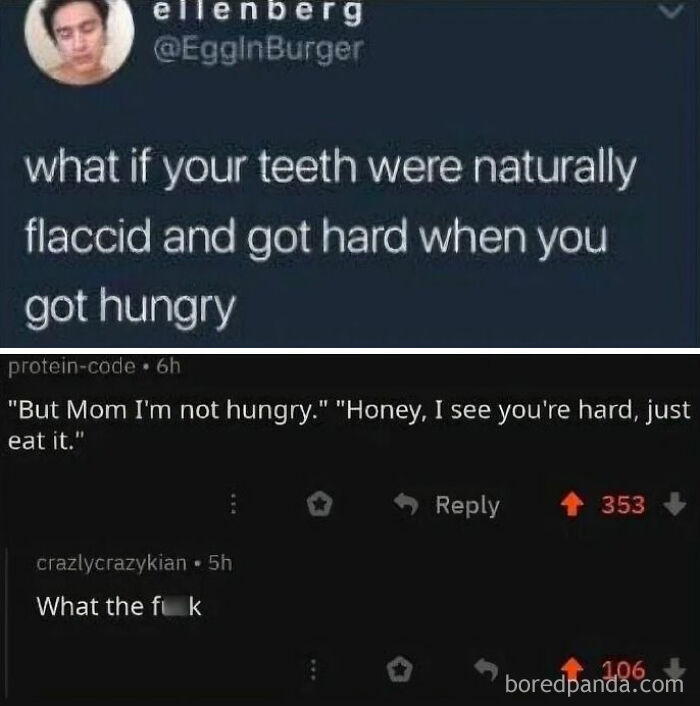 Text about teeth becoming hard when hungry with humorous replies; a post no one asked for.