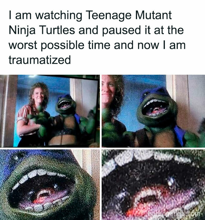 Teenage Mutant Ninja Turtles scene paused at awkward moment, capturing a funny expression, evoking humor and discomfort.